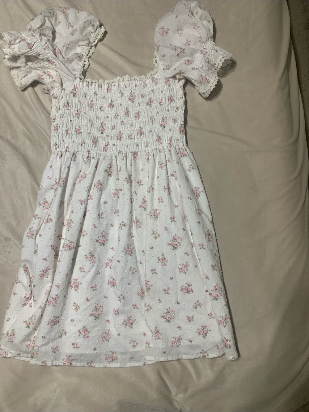 Altar'd State White Dress with Pink Floral Print and Puff Sleeves
